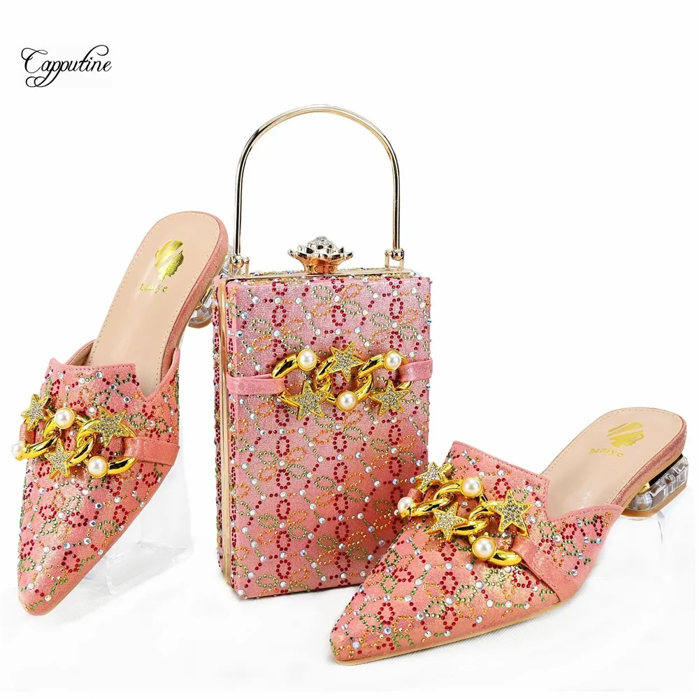 Coffee Women Shoes And Bag Set Fashion African Ladies Medium Heels Slippers Match With Handbag Clutch Pantofole Donna GL50