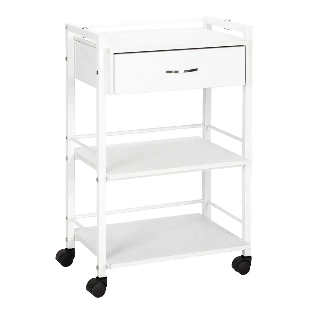 Salon Trolley Cart for Beauty SPA, Wooden Rolling Storage Station, White Mobile Utility Cabinet with 1 Drawer 2 Trays, Medical E