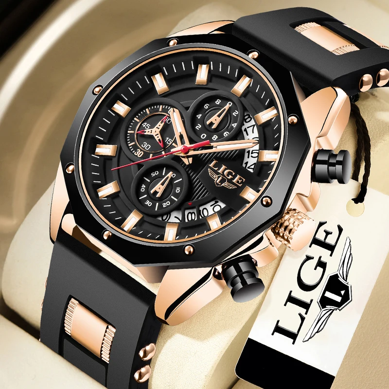 LIGE Mens Watch Brand Luxury Silicone Waterproof Sport Quartz Chronograph Military Wrist Watches Men Clock Relogio Masculino+Box