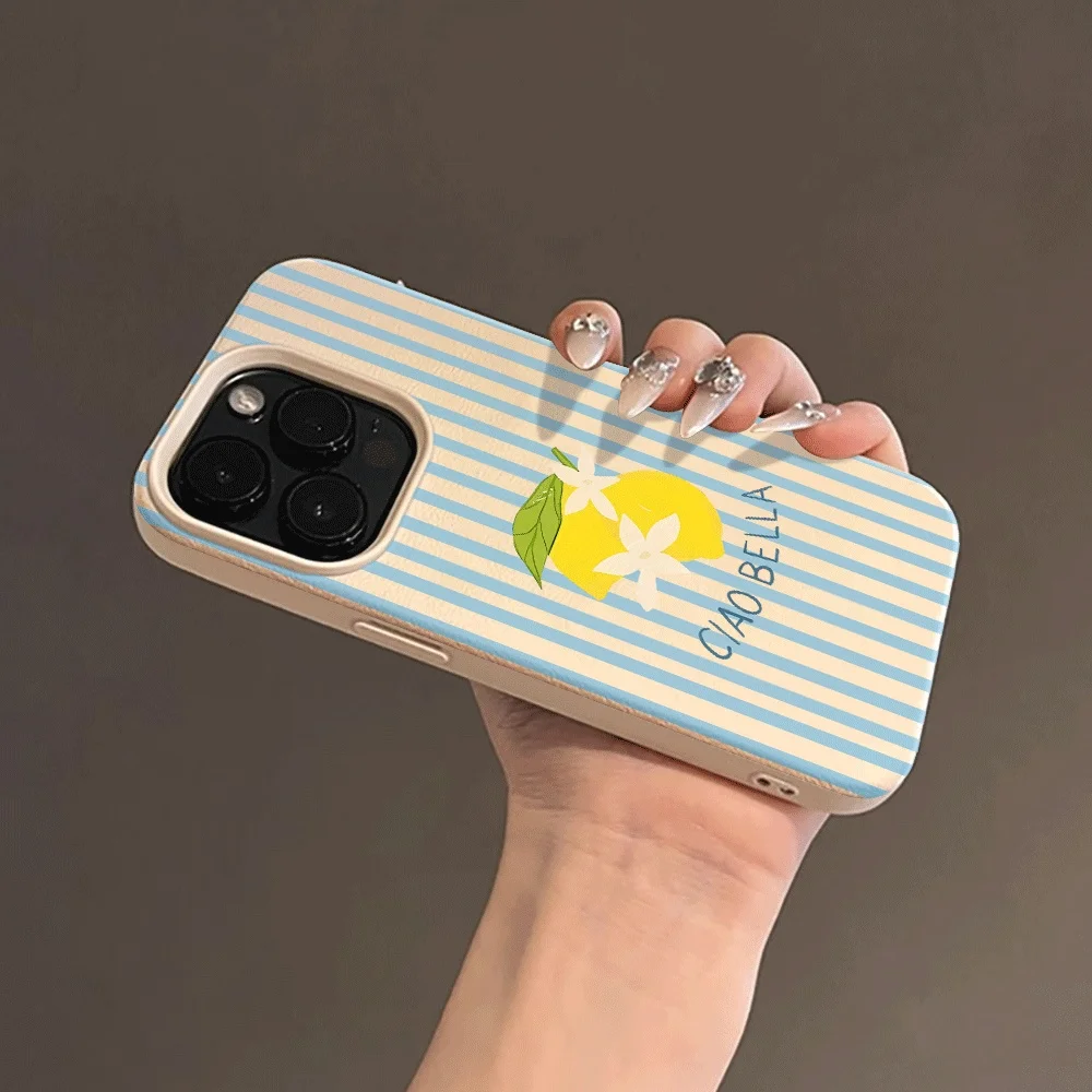 Koreanischer Stil Blaue Streifen Zitronen-Print Handyhülle für iPhone 17 16 15 14 13 12 11 Pro Max Plus 17 XR Silikon Matt Weiche Hülle – Detail 5