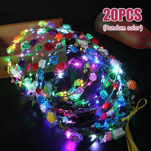 Imagen 1 del producto 20 piezas corona de flores LED, diadema de flores, guirnalda iluminada, guirnalda de flores para el cabello, corona de flores para boda, fiesta, playa, Hawaii