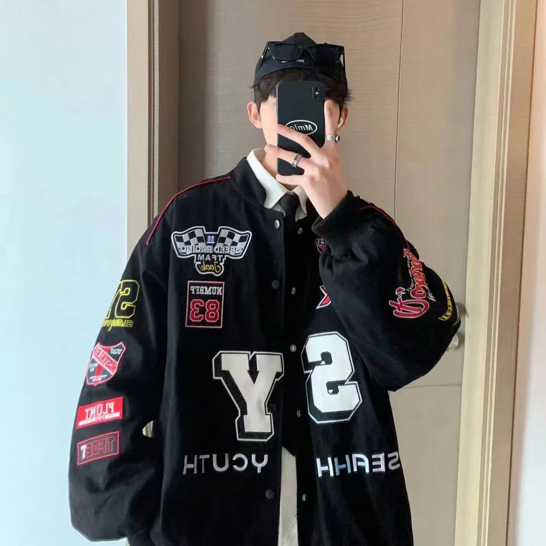 Retro Embroidered Jacket American Street Hip-hop Paste Cloth Motorcycle Jacket Female Loose Racing Suit Male Letter Motorcycle