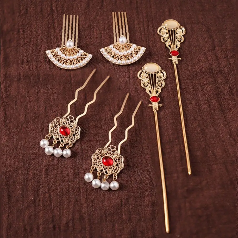 1 Set Antique Chinese Style Ancient Hair Stick Pearl Tassel Tang Dynasty Hairpin Elegant Classical Flower Hair Comb Jewelry