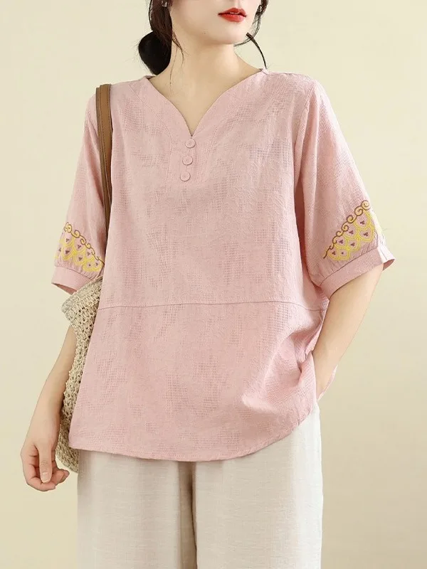 

Elegant Embroidered Cotton Linen T-Shirt Casual V-Neck Short Sleeve Loose Fit Summer Top for Middle-Aged And Elderly Women