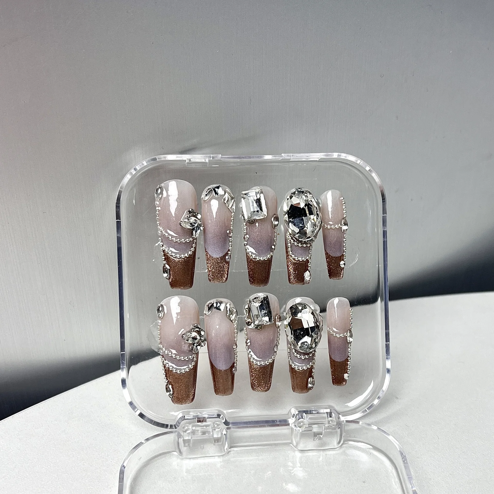 New Design Luxury Personality Coffin Bling Diamond  coffin new cat-eye French tip manicure DIY Press On Acrylic Nails