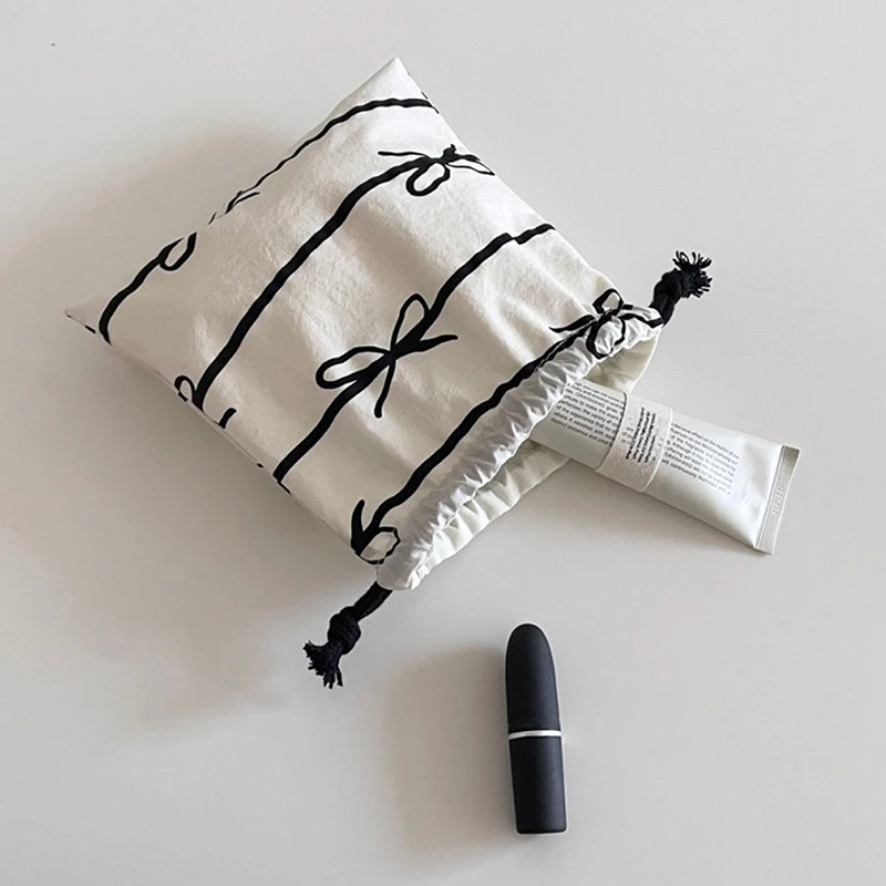 Bow Knot Striped Mini Drawstring Bag Cosmetic Storage Pouch Women Wallet Sweet Kawaii String Mini Pouch Girl's Storage Mini Bag