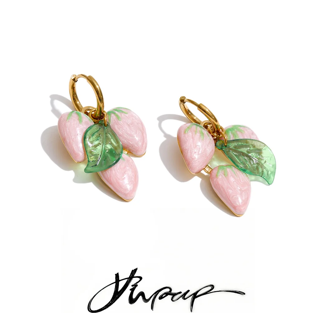 Yhpup Pink White Color Stainless Steel Strawberry Drop Hoop Earrings for Women Summer Fruit Cute Trendy Jewelry Accessories