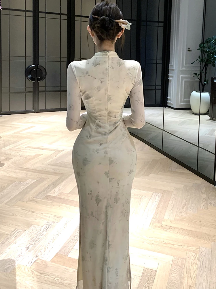 Women Print Mesh Beading Stand Collar Long Dress 2025 Korean Vintage Luxury Evening Dress Autumn Winter Elegant Bodycon Vestidos