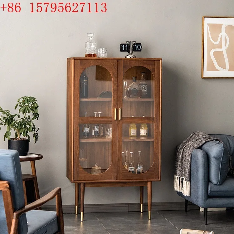

Nordic simple cherry wood wine cabinet solid wood against the wall glass door display locker