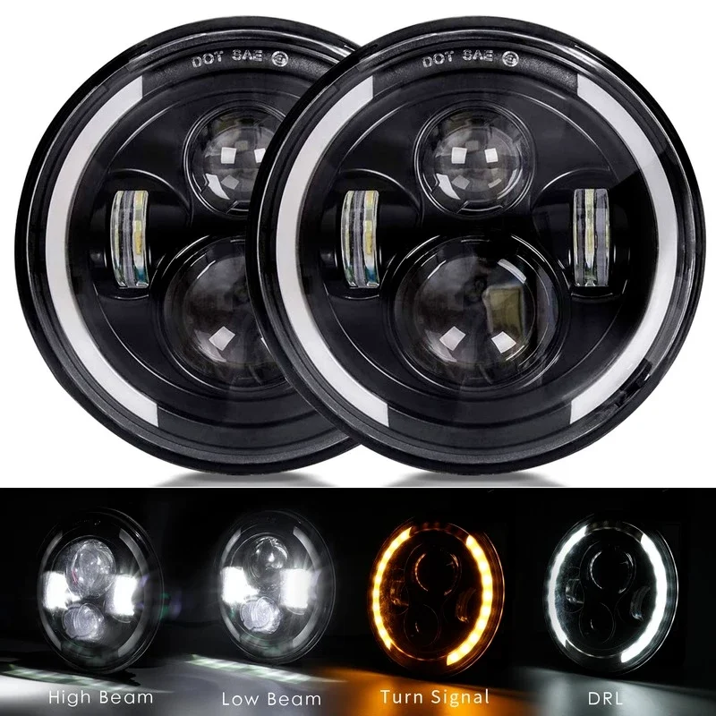 Car 7 Inch LED Headlight For Lada Niva 4X4 Suzuki Jeep JK TJ Universal Motorcycle Hi/Low H4 Halo Angle Eyes DRL Headlight