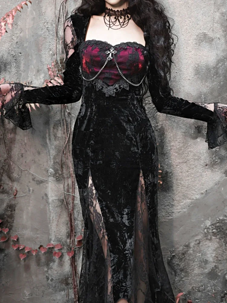 Gothic Vintage Long Mermaid Dress Women 2024 Autumn Lace Patchwork Fashion Split Fairy Dress Female Casual Korean Party Dresses