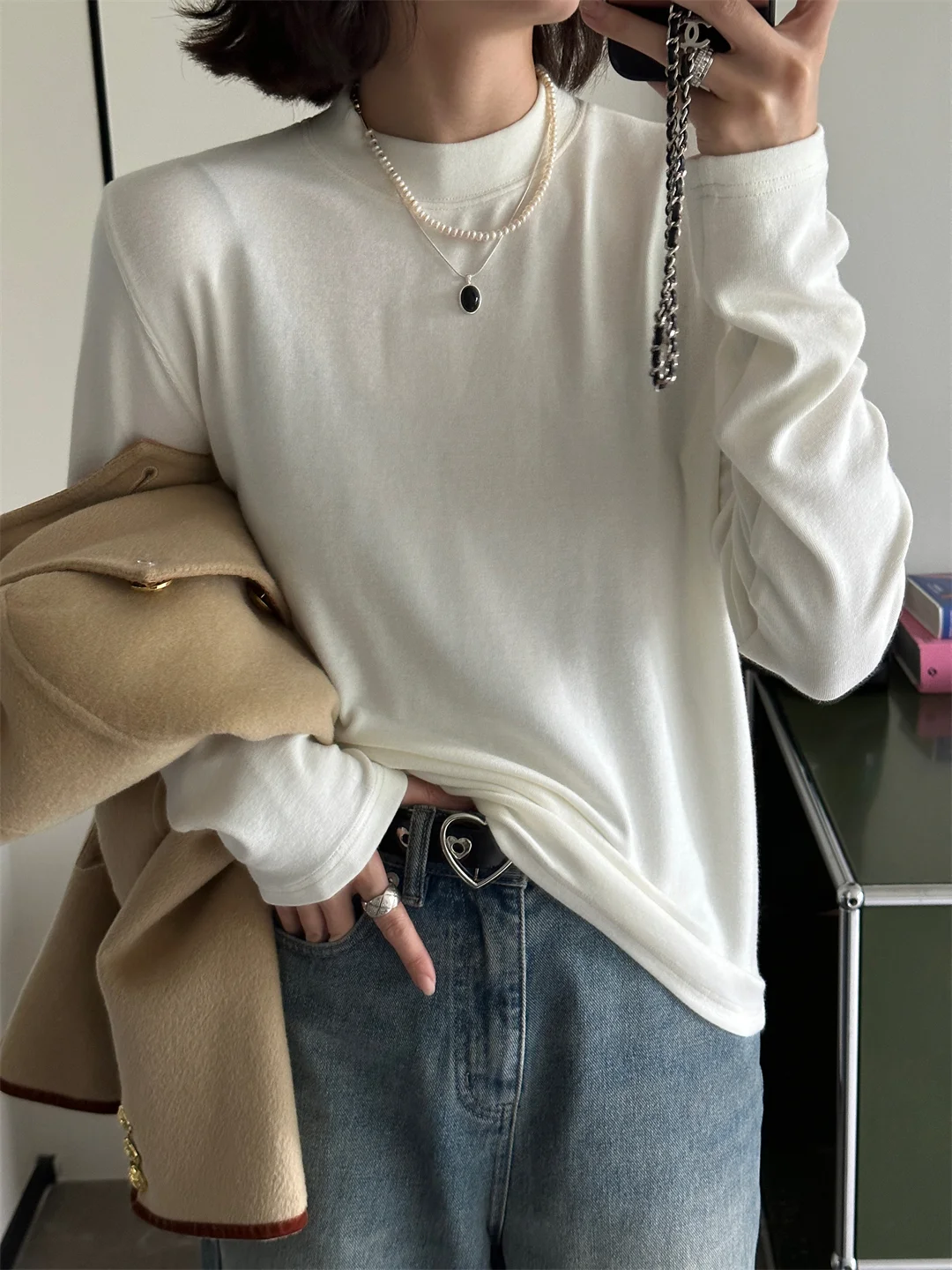 

INE Осенняя новинка: базовая водолазка из смесовой ткани с высоким воротником, вертикальными полосами и высокой эластичностью, повседневная модель