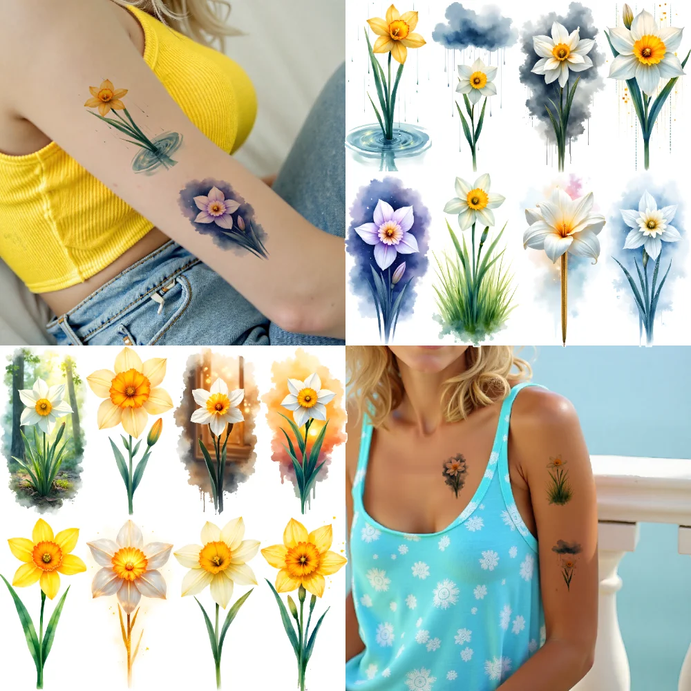 

9pcs Temporary Tattoo Daffodil Tattoos Watercolor Flower Tattoos Waterproof Long-lasting Body Stickers For Chest Cheeks