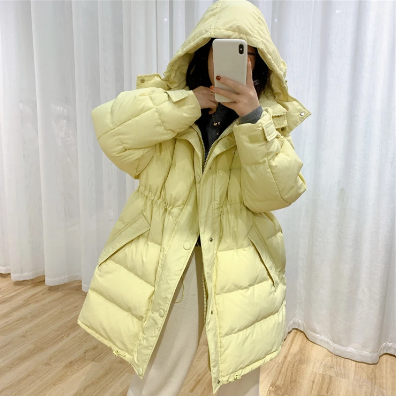 Women's Long Fashion Down Jacket Winter Elastic Waist White Duck Down Coats Office Ladies Sweet Thick Loose Hooded Padded Coats