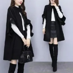 Women's Autumn Winter Clothing New Korean Fashionable England Midi Solid Color Stand Collar Flare Sleeve Draped Woolen Cape Coat