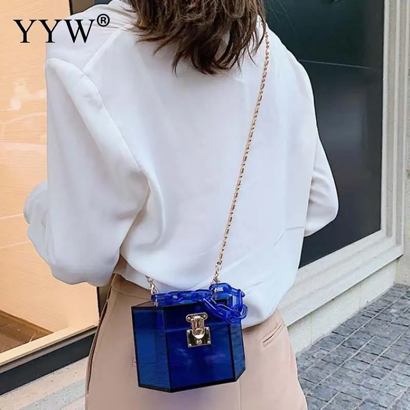 Fashion Fluorescent Clear Square Acrylic Top Women Clutch Handbag Box Designer Brand Metal Chain Crossbody Shoulder Satchels Bag