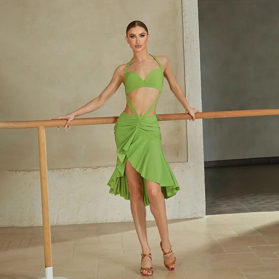 

Зеленое полосатое платье с отверстием на талии и дизайн лотоса, платье для латинских танцев, одежда для танцев, женский танцевальный костюм