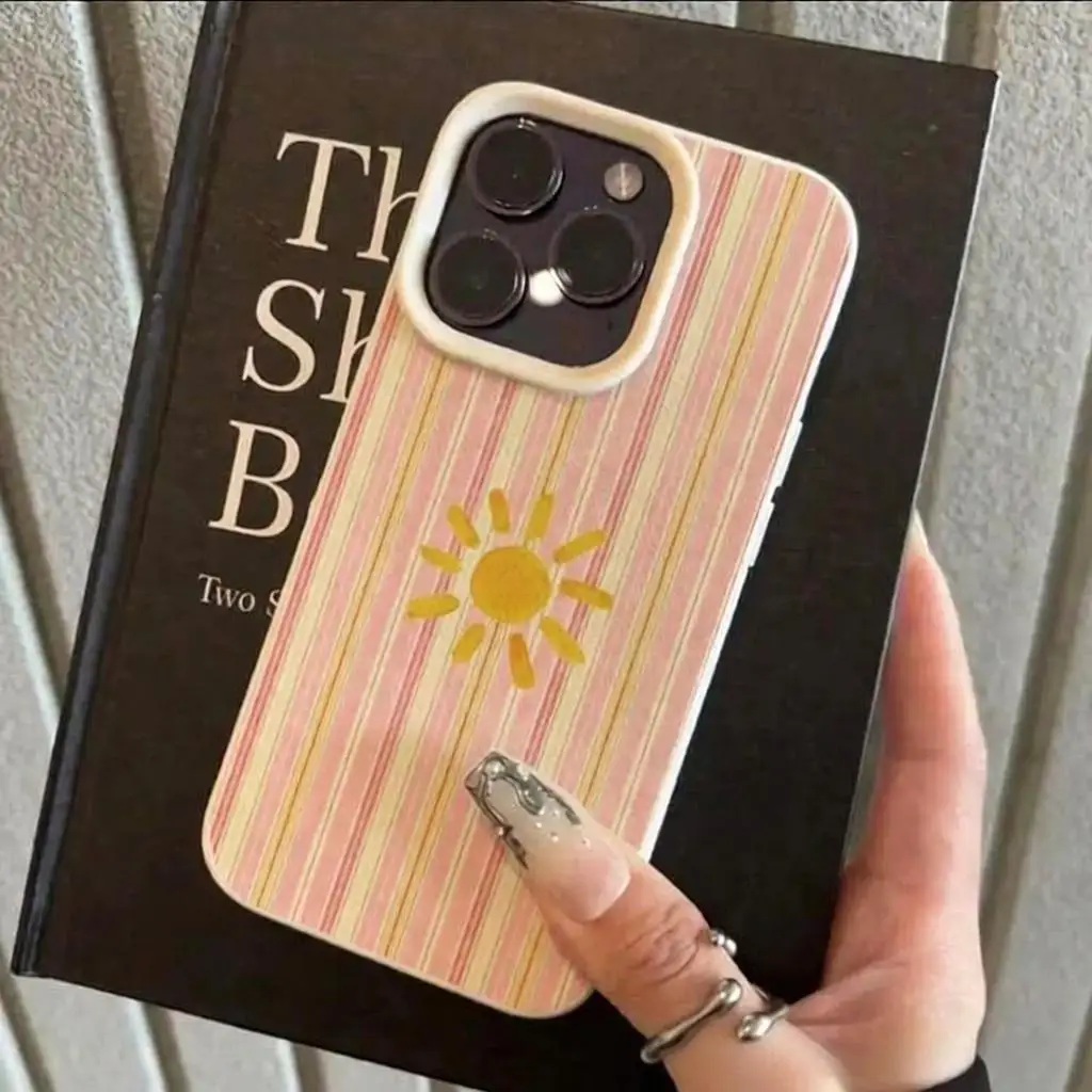 Cute Striped Sun Pattern Phone Case For iPhone 17 16 15 14 13 12 11 Pro Max Plus 17Air 16/17E Lychee Texture Silicone Soft Cover