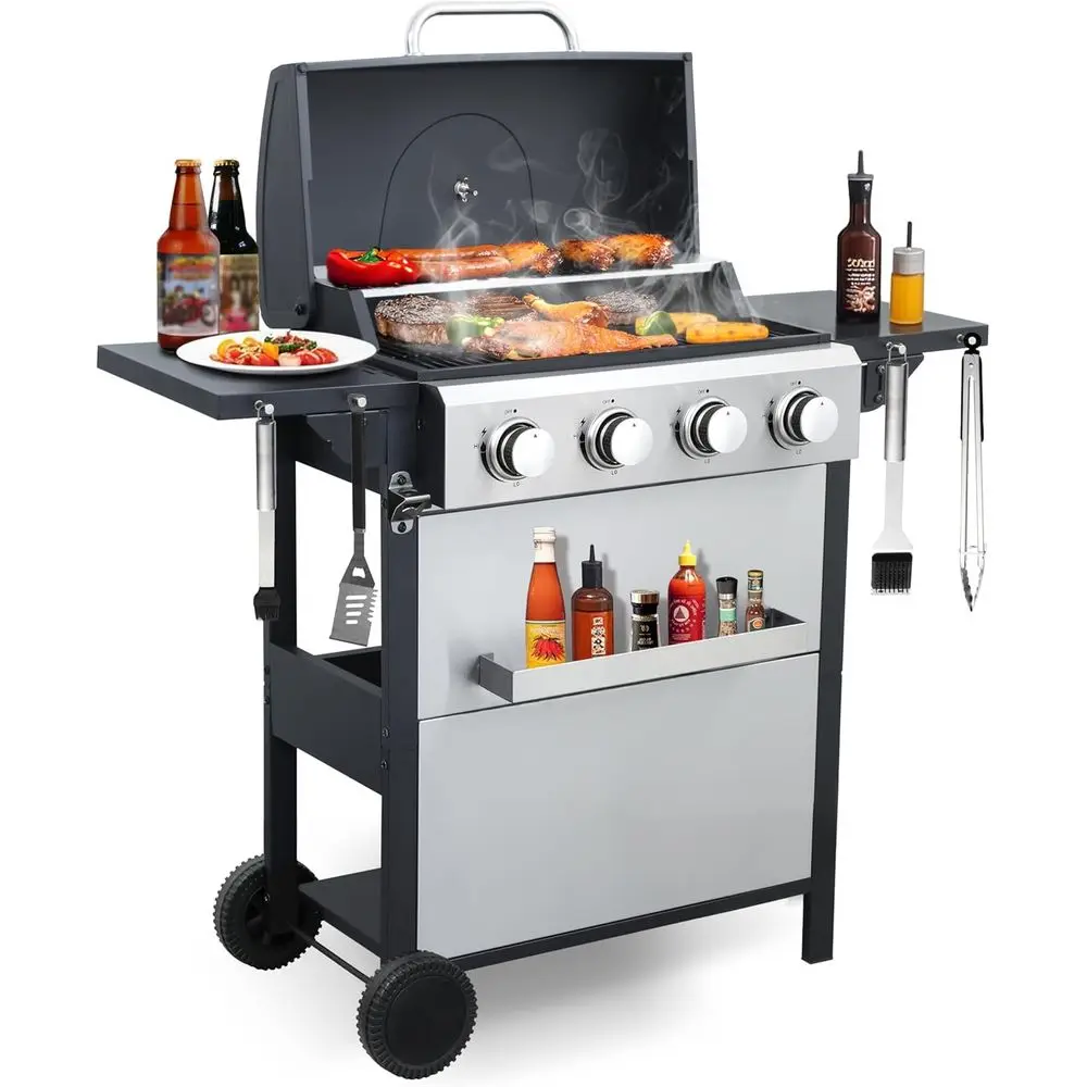 

Propane Gas Grill, Stainless Steel Control Panel, Easy Ignition, Temperature Gauge, 2-Enameled Cooking Grids, Portable With Whee