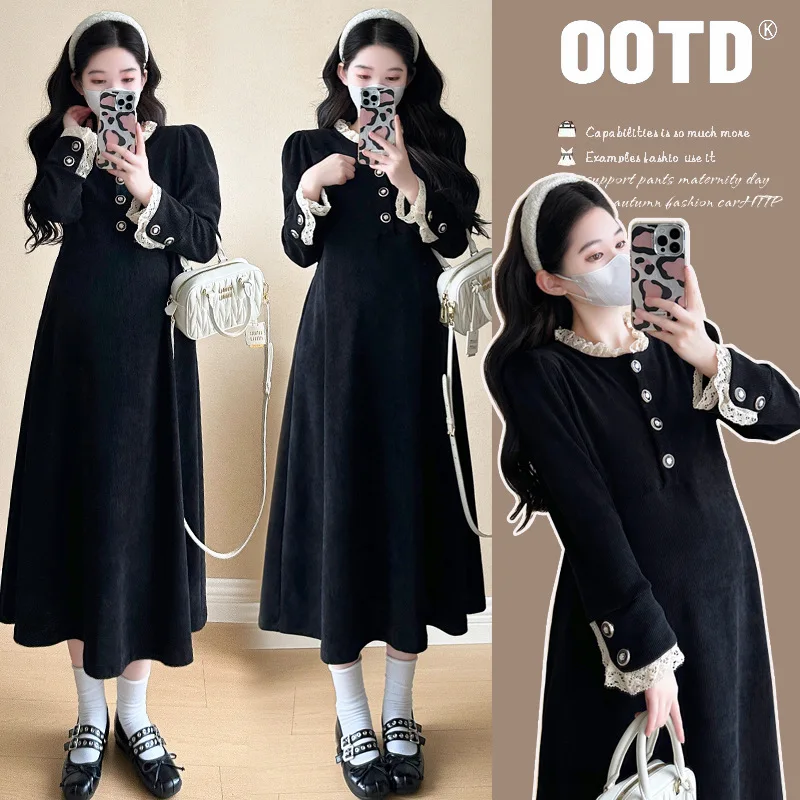

Elegance Maternity Dress Autumn Winter European Velvet Slimming Black Maxi Dress Sophisticated Long Gown for Pregnant Women
