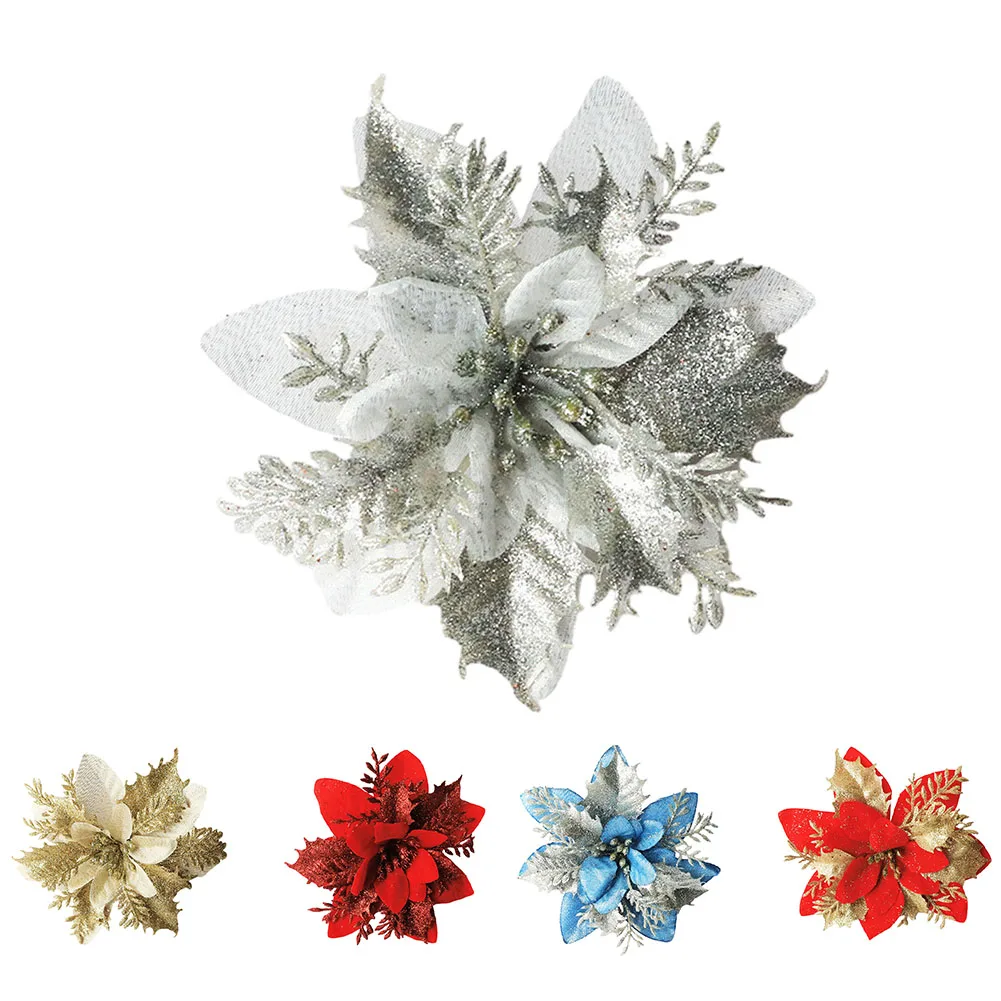 Glitter ดอกไม้คริสต์มาสประดิษฐ์ Poinsettia ดอกไม้ Xmas Tree เครื่องประดับ Navidad ตกแต่งคริสต์มาส 2025