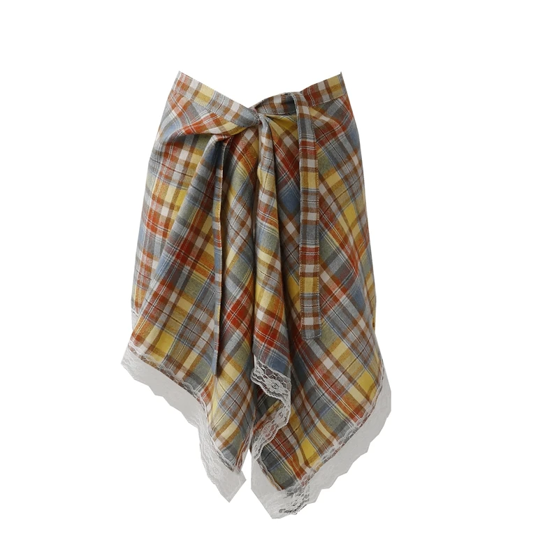 กระโปรงผู้หญิง ลายตารางสีรุ้ง หวานซ่อนเปรี้ยว ขอบลูกไม้แบบไม่สม่ำเสมอ ดีไซน์ชิ้นเดียวผูกโบว์