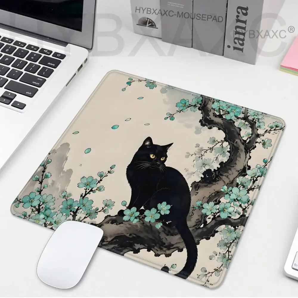 Black Cat Sakura Mouse Pad Large Square Computer Office Game Table Mats XS Japanese Cherry Blossom Tree Style Painting Desk Mat