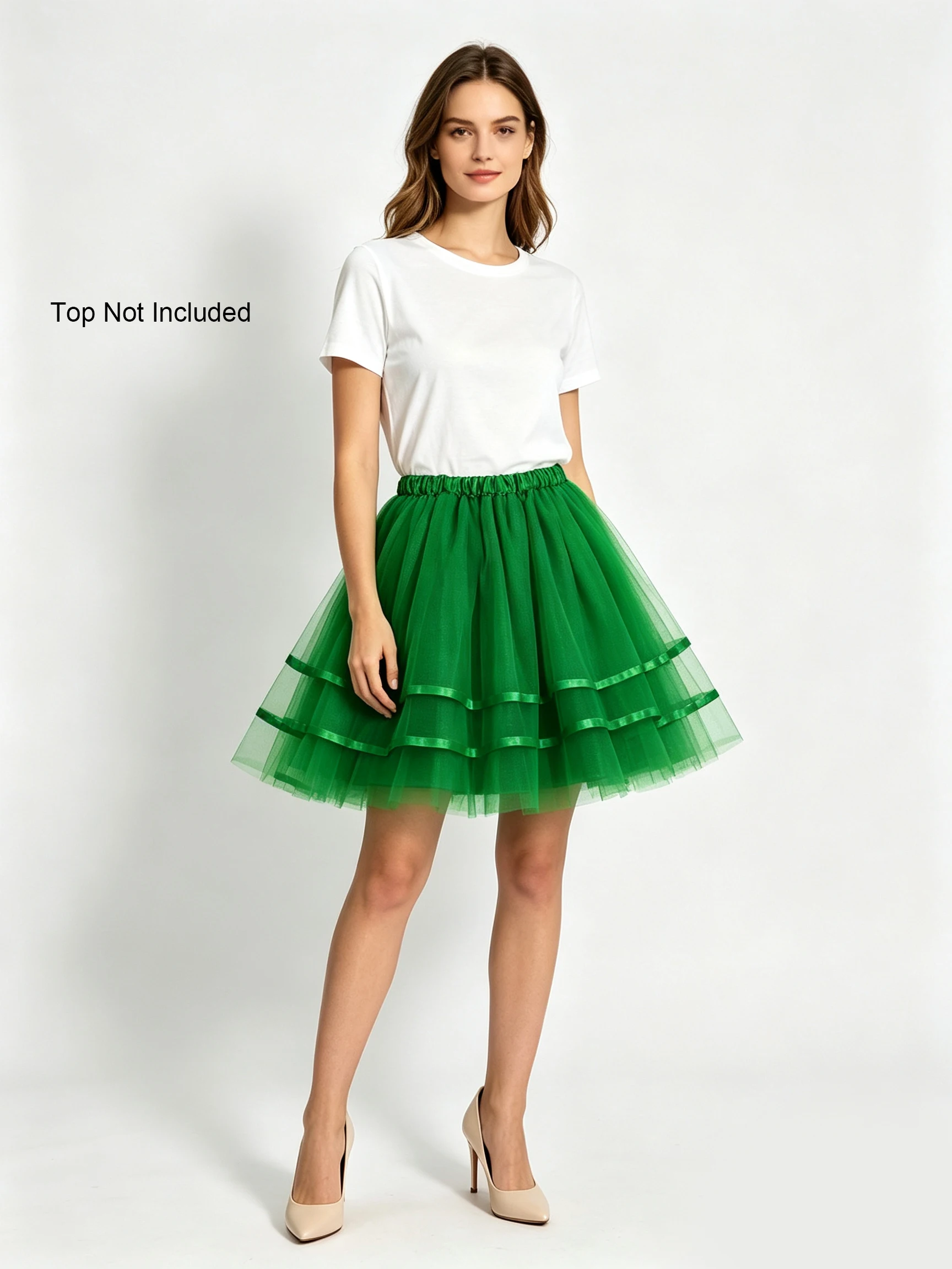 Adult Green Tulle Skirt with Lining Double Layer Satin Edged Puffy Short Skirt Elastic Waist for Dance Performance Party Costume