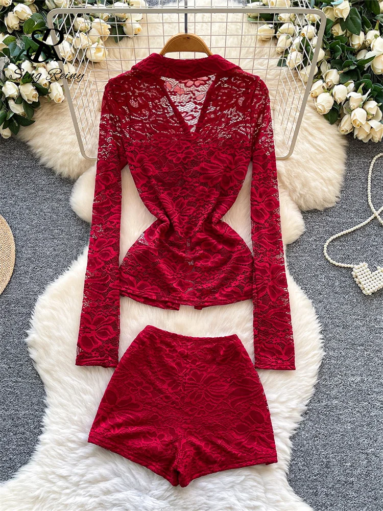 SINGREINY Embroidery Floral Lace Suits V Neck Shirring Flirty Tops+Bodycon Shorts Spring Feminine Chic Sheer Sexy 2 Pieces Sets - Image 3