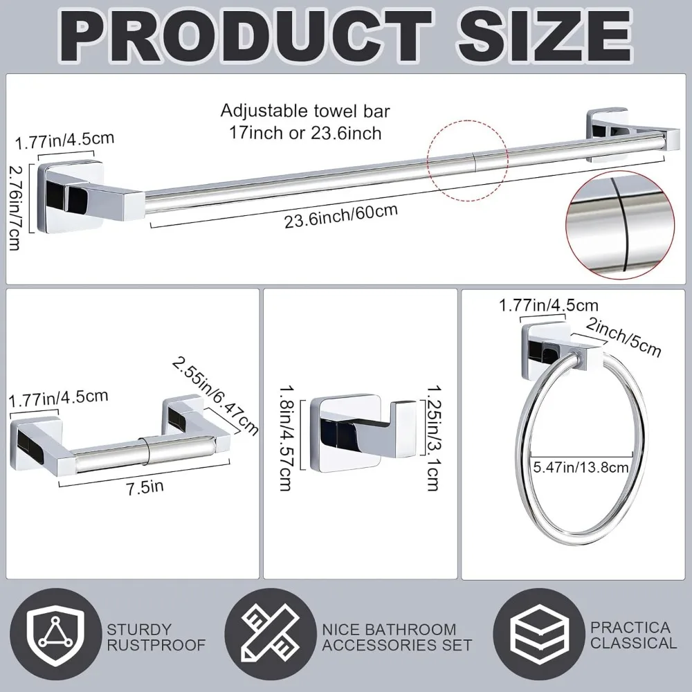 Stainless Steel Bathroom Hardware Set - 15 Piece Towel Bar, Ring, Robe Hook Accessories for Modern Bathroom Décor