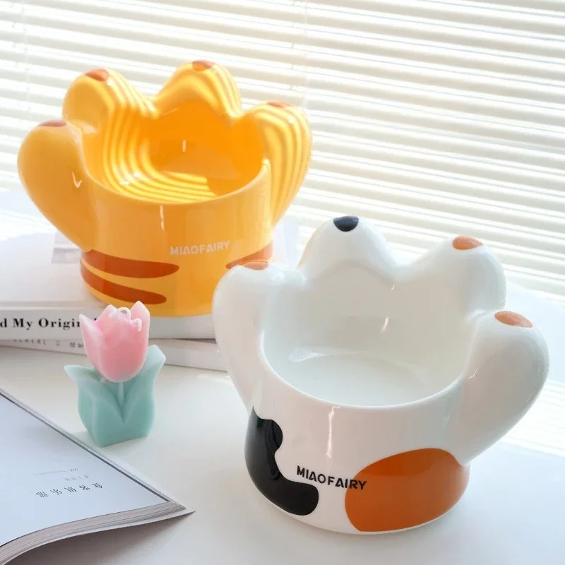 Ceramic Cat Feeder Diagonal Mouth Cat Paw Cat Dog Bowl Large Diameter Anti Black Chin Pets Dish Anti Overturning Pet Accessories