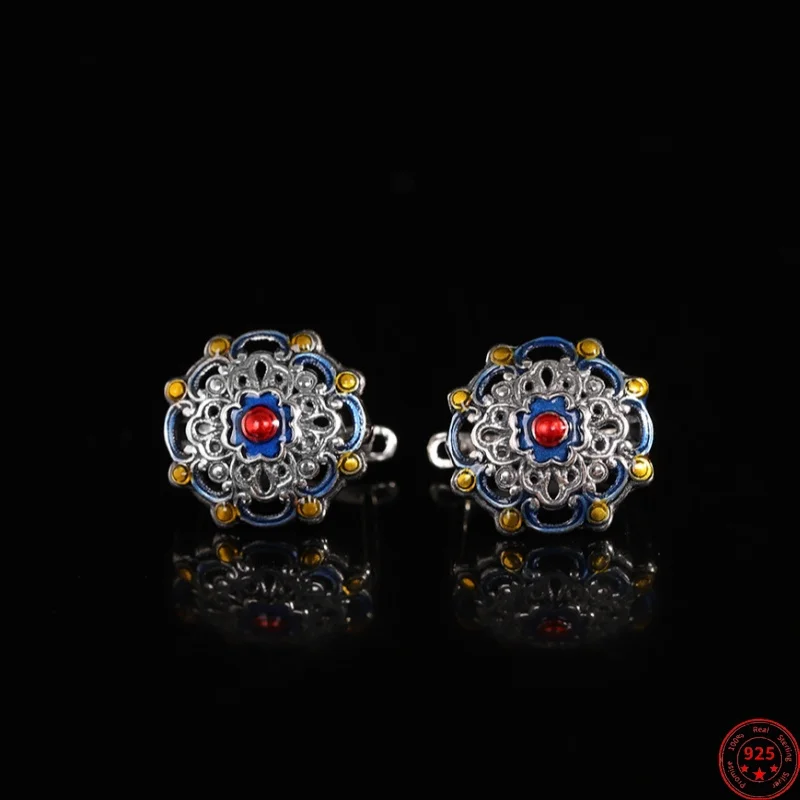 

S925 Sterling Silver Clips Earrings for Women Retro Hollow Enamel Flowers Red Agate Ear Clips Ethnic Style Jewelry Wholesale