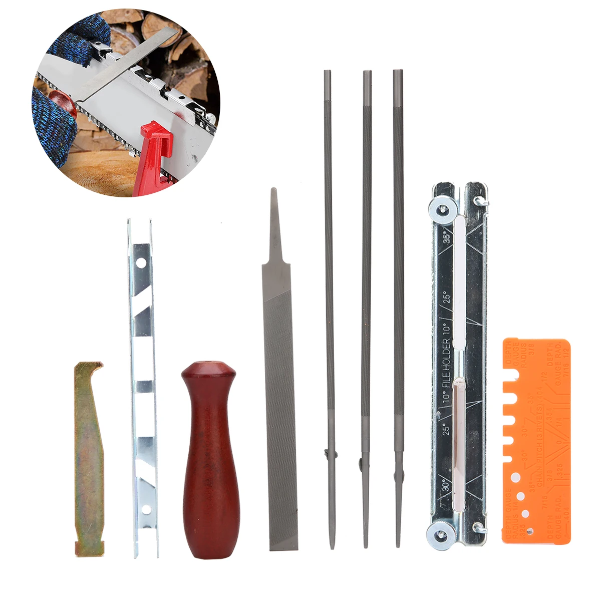 10pcs Professional Chainsaw Chain Sharpening Kit Tool Set Hardwood Handle + Round/Flat File Guide Bar File Sharpener Tools