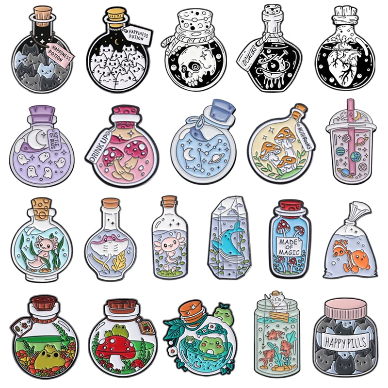 Botella de deseos de dibujos animados, alfileres esmaltados, criaturas marinas, seta, planeta, broches de botella estrellada, insignia de solapa, regalos de joyería para amigos