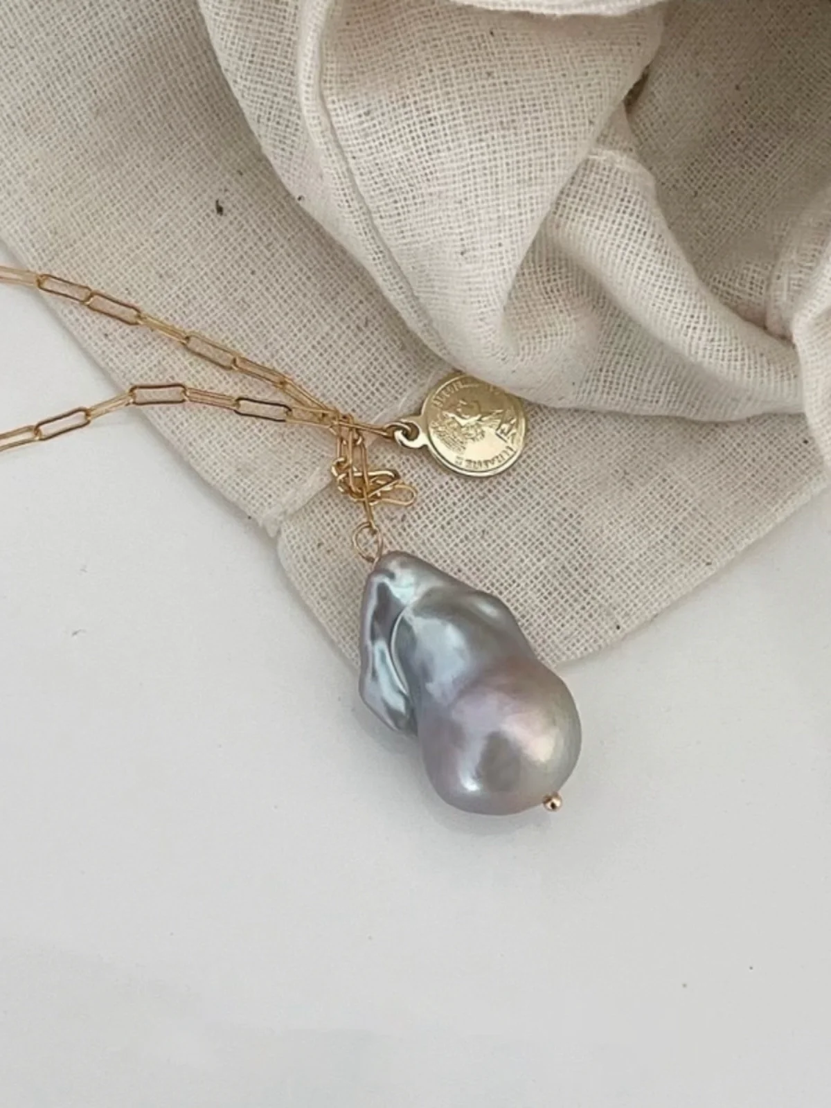 S925 Natural Gray Purple Big  Baroque Pearl Coin Pendant Necklace Women Jewelry Punk Designer Runway Rare Gown Boho Japan Korean