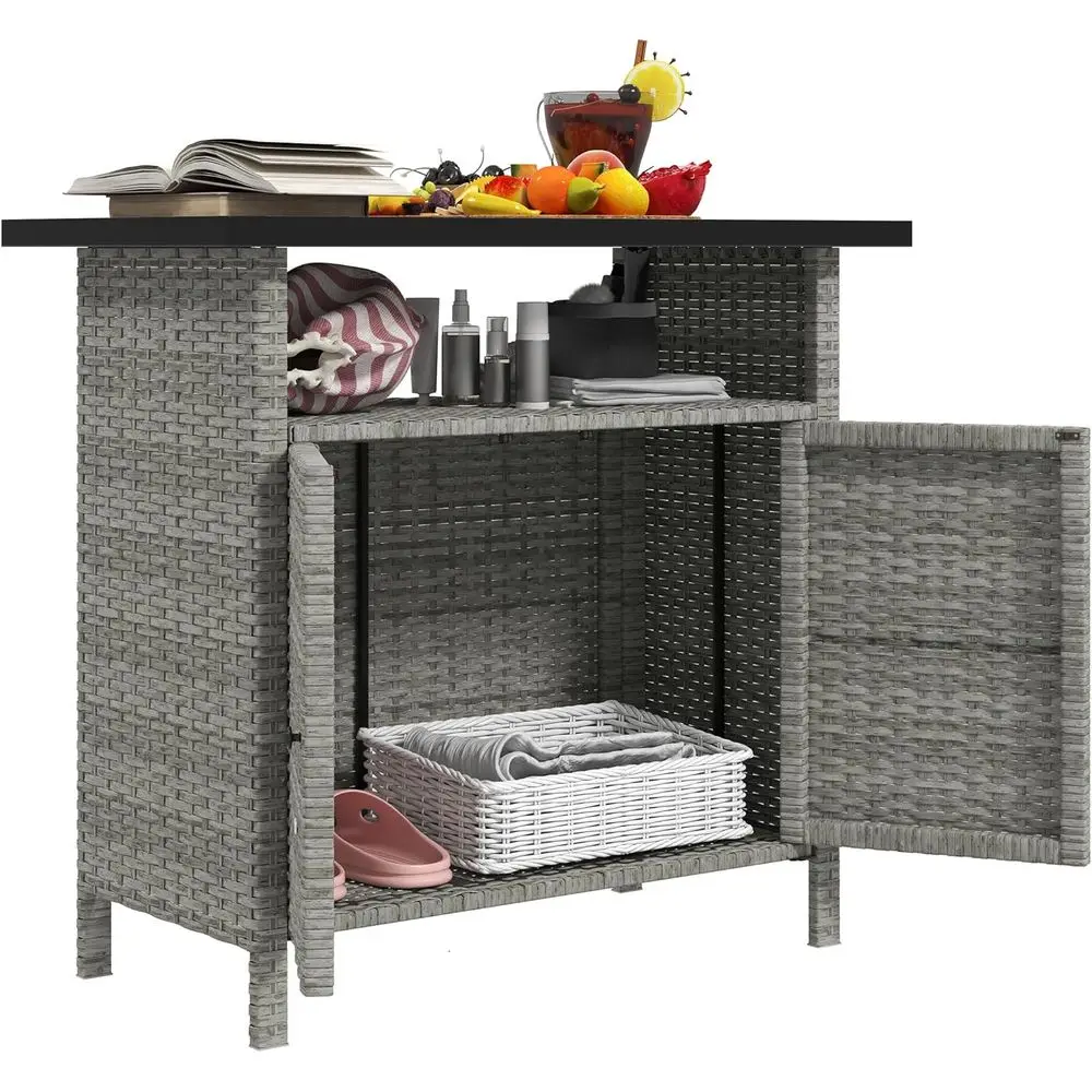 

Серый уличный шкаф для хранения, плетеный барный стол с 2 дверцами, металлический уличный буфет с решетчатыми панелями для патио и заднего двора