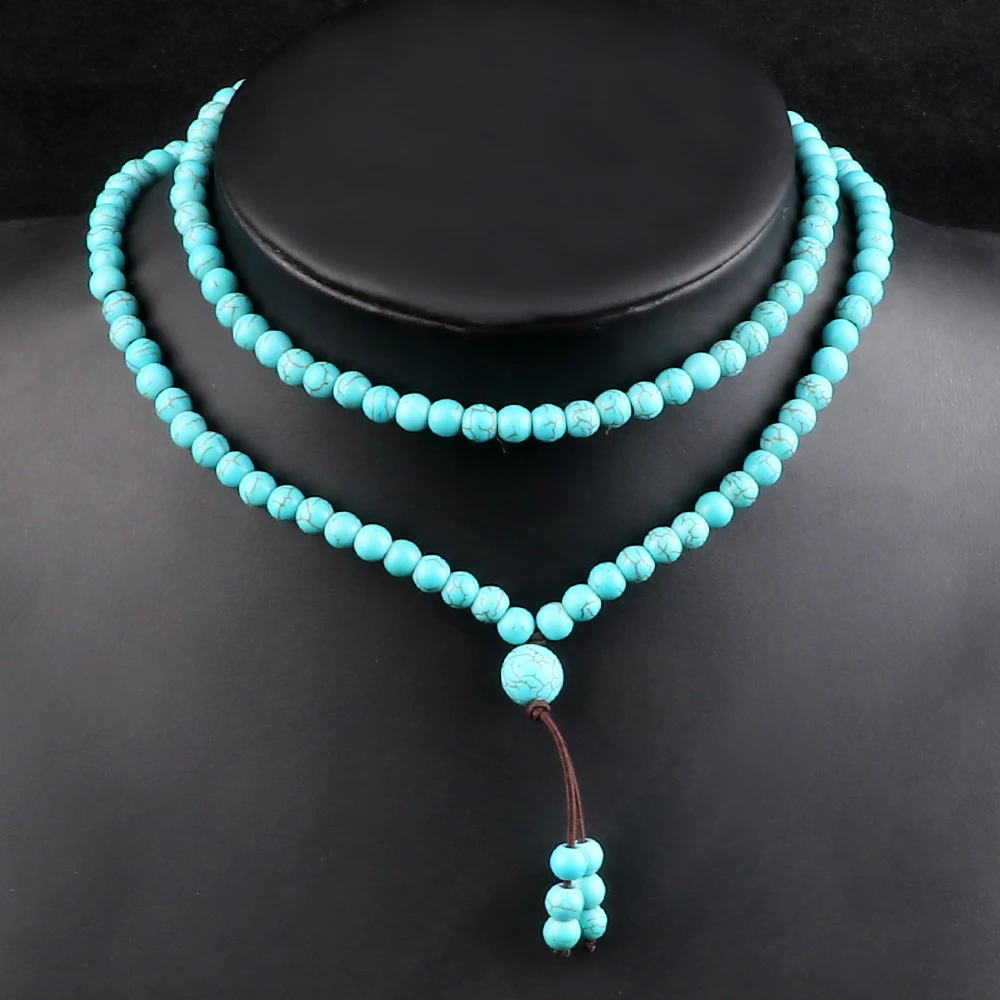 

6MM Natural Light Blue Beaded Necklaces Fashion Handmade 108 Mala Beads Women Elastic Bracelet Yoga Meditation Men Jewelry Gifts