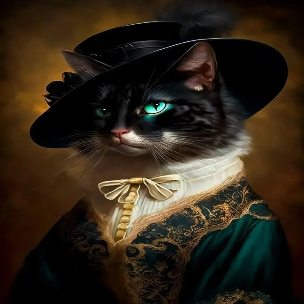 Renaissance European Aristocracy Black Cat White Cat Drinking Beer Poster Print on Canvas Wall Art Painting Room Home Decorat