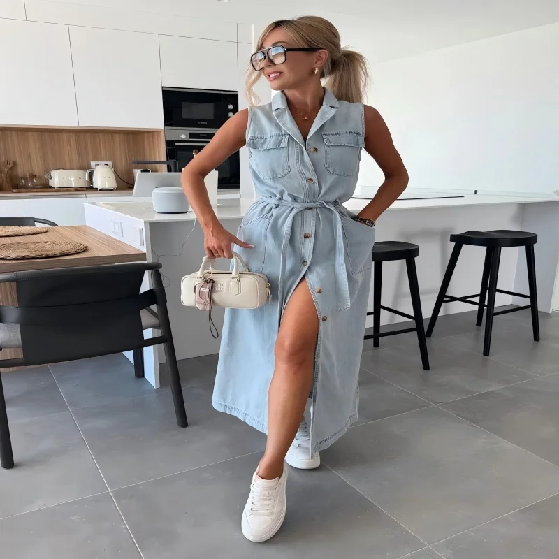 Picture 5: Long Dress Women Denim Dresses High Waist Sleeveless Vestidos Streetwear Single Breasted Elegant Splice Y2k