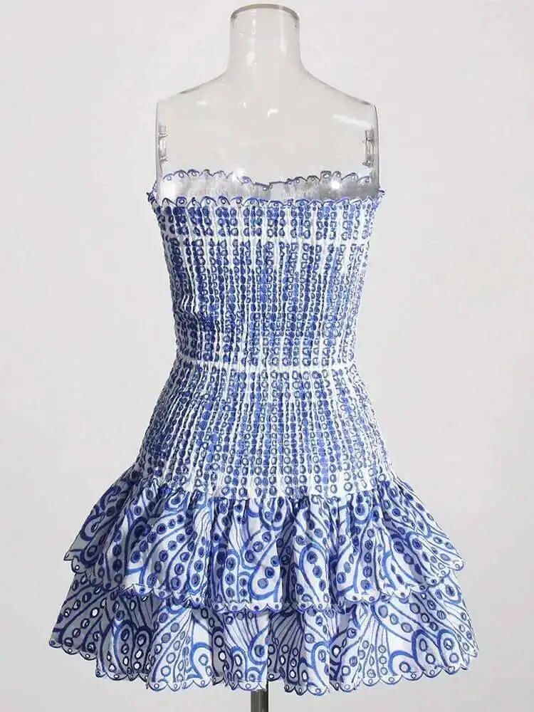 Uitgesneden gelaagde zoom sexy jurk elegant voor vrouwen strapless mouwloos off-shoulder hoge taille mini-jurken vrouwelijke kleding P4SW