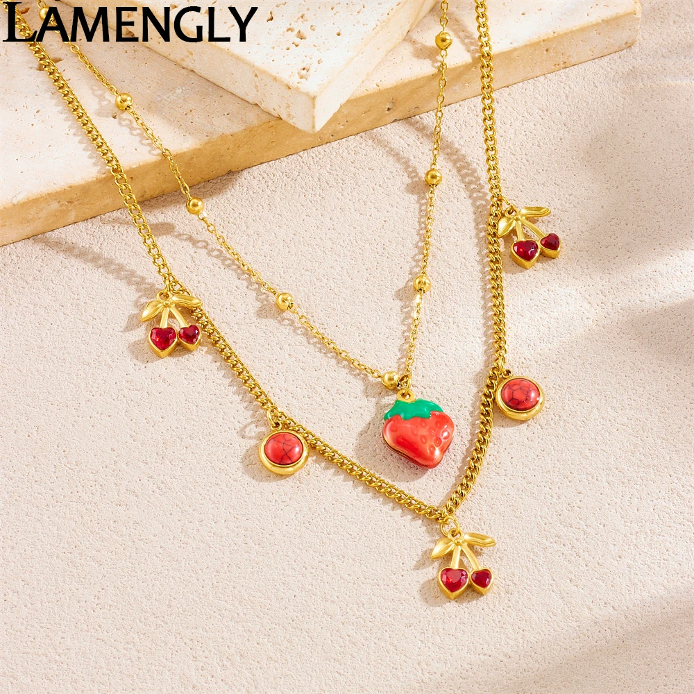 

LAMENGLY 316L Stainless Steel Red Strawberry Zircon Inlay Cherry 2-Layer Pendant Necklace For Women New Trend Neck Chain Jewelry
