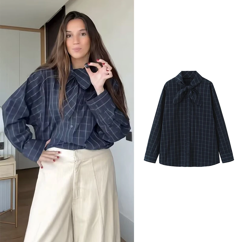 Damenhemden und Tops 2025, neue Mode, kariert, elegante Damenhemden, schicker Schalkragen, Jugend, langärmelig, Herbstblusen