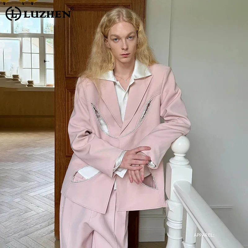 

LUZHEN 2025 осенний новый модный костюм, комплекты из двух предметов, роскошный полый лоскутный дизайн, пиджак, элегантные мужские брюки JY4184