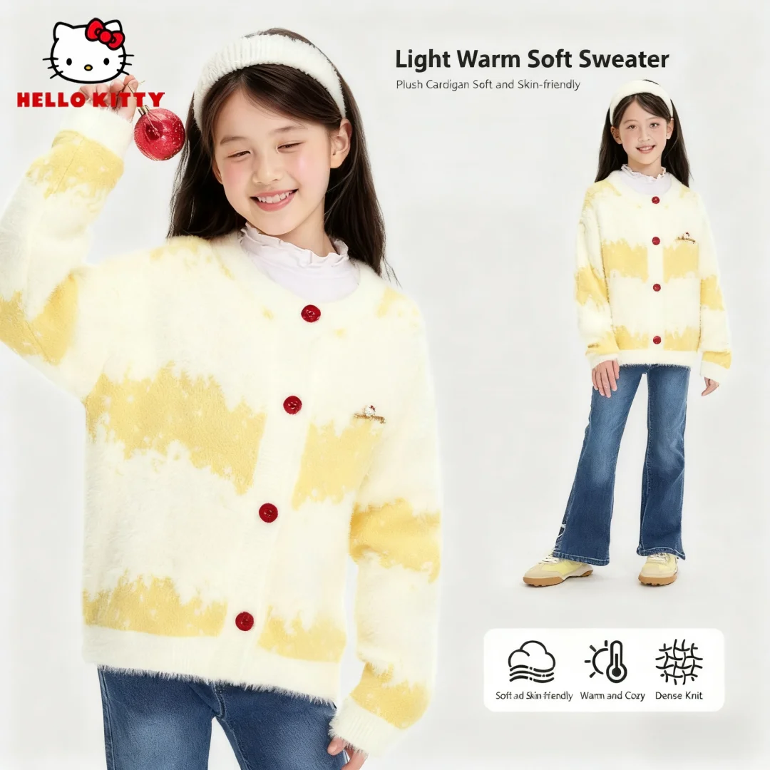 

Hello Kitty Children Clothes Kids Soft Comfortable Sweater Girls Striped Type Warm-keeping Windproof Sweater Cardigan Knitwear