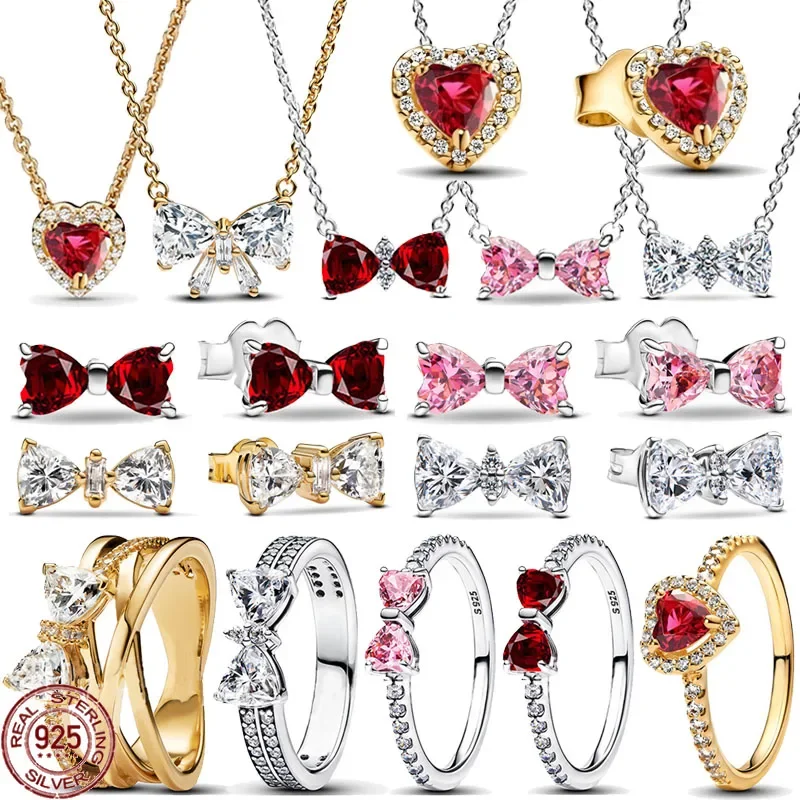 טבעת טבעת זהב 925 משובצת בעיצוב קלאסי, עגילי קשת ומבריקים בצורת לב מתנות הפתעה