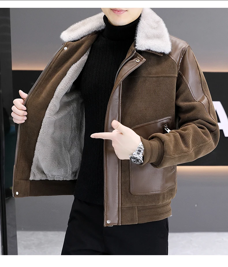 2025 Autumn Winter New Hot Sale Retro Fur Collar Corduroy Thickened Coffee Color Apricot Color Black Cotton Jacket