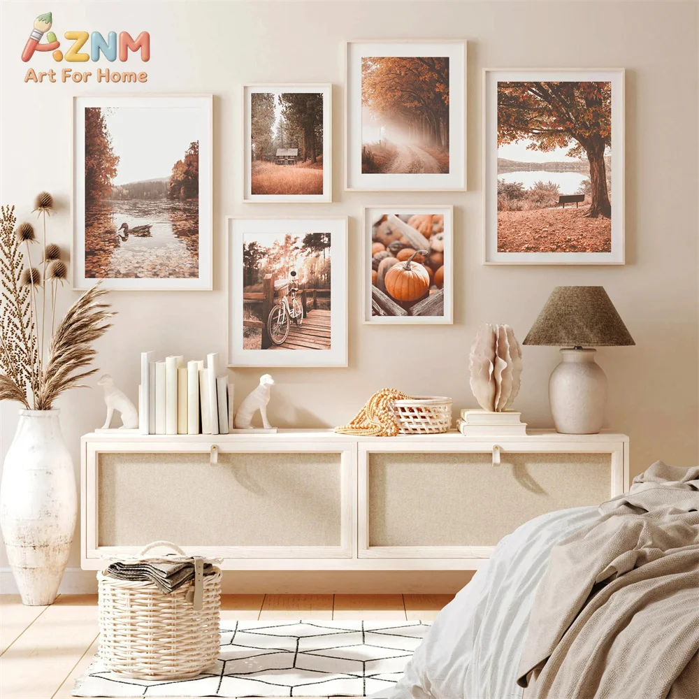 AZNM Warm Tone Autumn Scenery Canvas Wall Art Fall Forest Lake Duck Pumpkin Bicycle Nature Landscape Boho Bedroom Unframed Canva