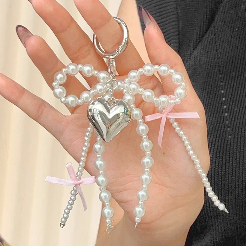 2024 New Korean Sweet Pearl Bow Keychain Heart Pendant Keyring Y2K Aesthetic Key Holder for Girls Bag Pendant Accessories