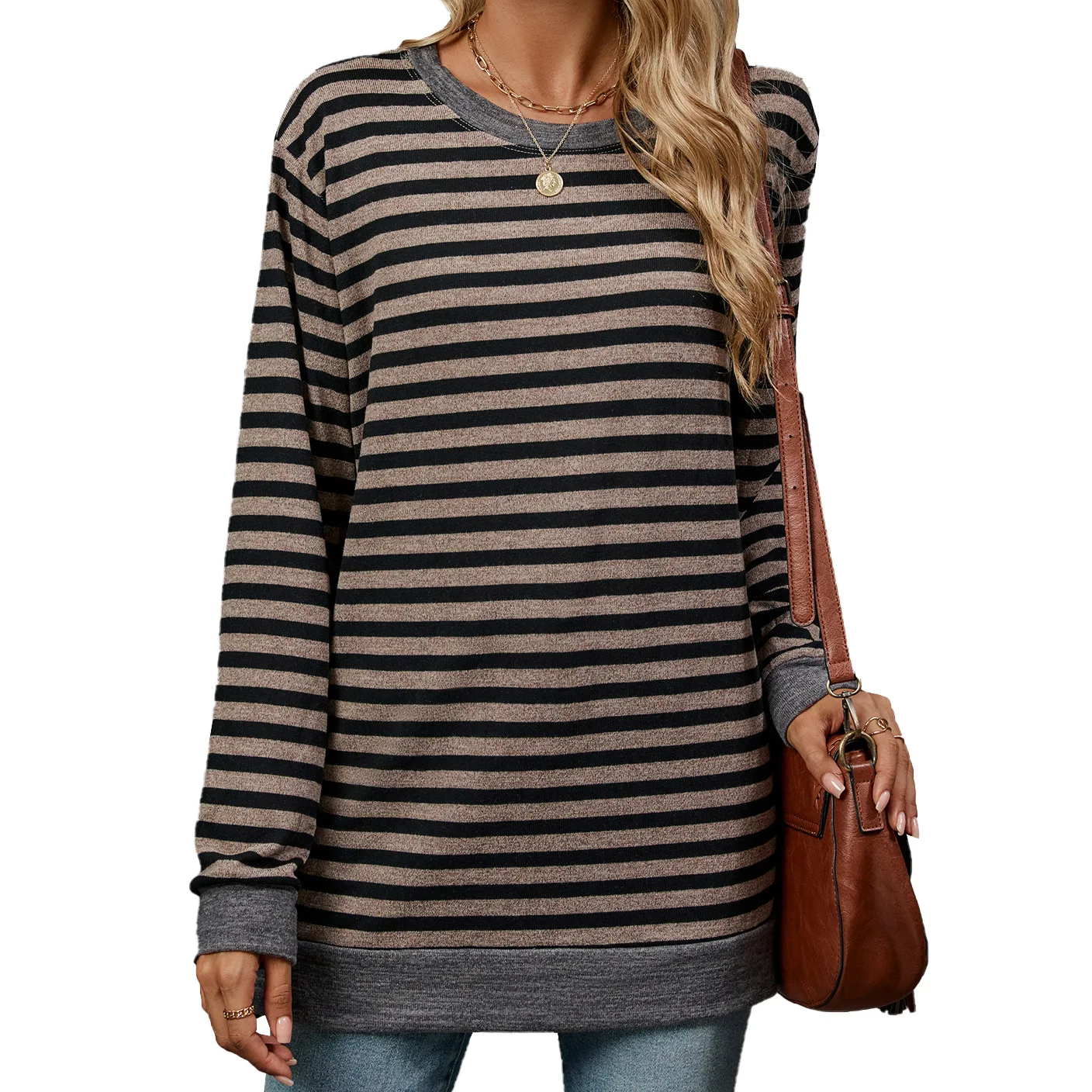 2025 Spring Autumn Women's Stripes T-shirt Loose Fashion Headband Contrasting O-Neck Long Sleeve Top for Female