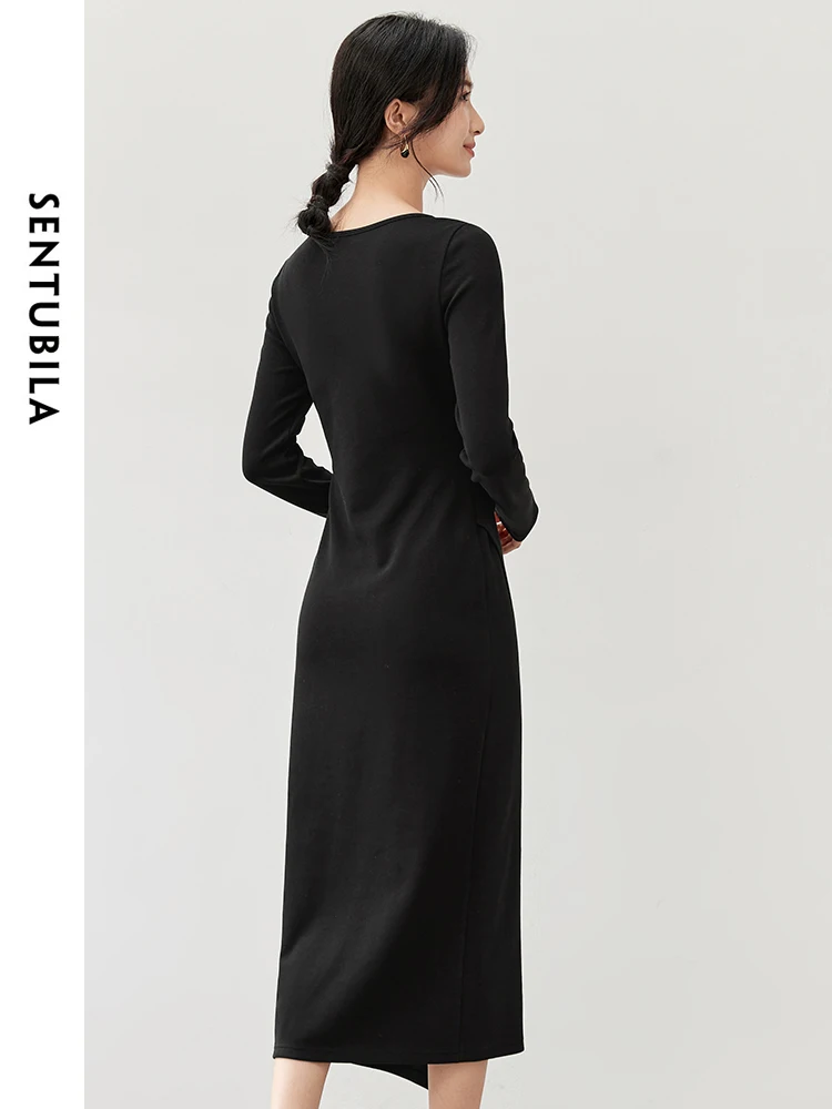 SENTUBILA Cotton Knitted Dresse 2024 Autumn Hollow Out Square Neck Fold Waist Long Sleeve Solid A-line Dress 143L57046